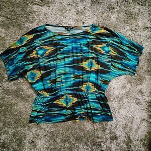 Women's Perceptions Elastic Waist Blouse Blue Black Gold Size 18 W